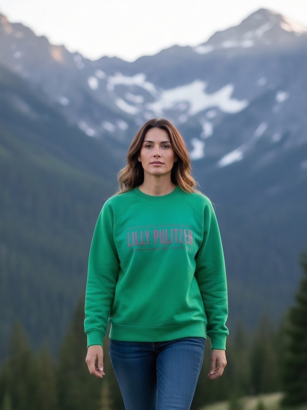 Lilly Pulitzer Large Green Pink Logo Graphic Crewneck Sweatshirt Pullover Preppy